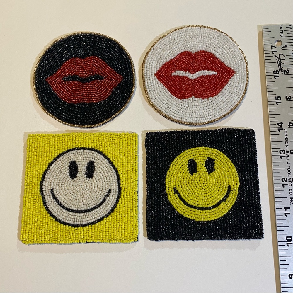 Beaded coasters, set of 4, round 3 1/2”, square 4” NWT